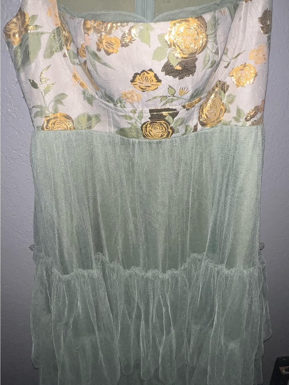 Sage Green Tiered Tulle Floral Jaquard Midi Dress Size M - Picture 4 of 8